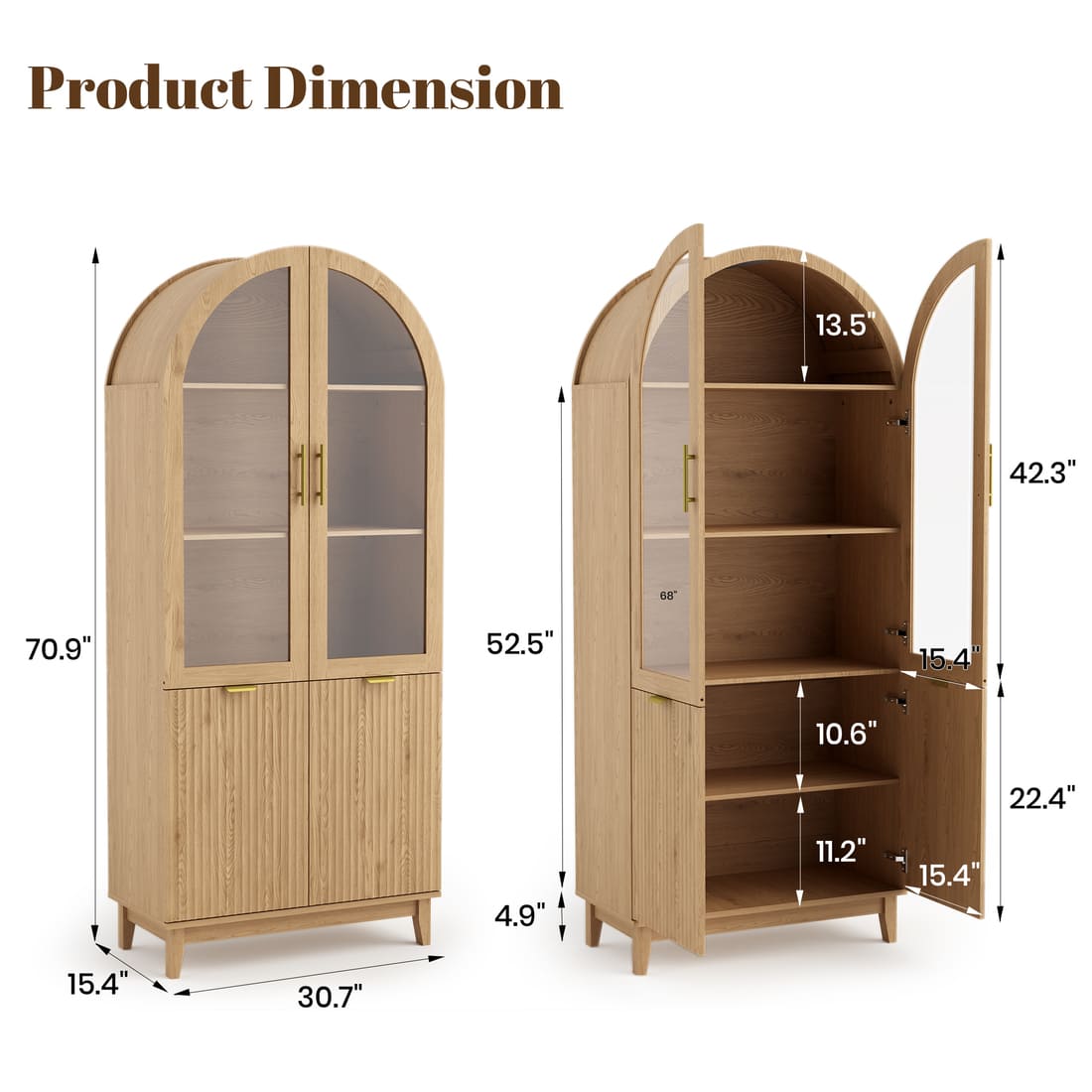 Modern Farmhouse Arched Cabinet with Glass Doors &amp; Adjustable Shelves
