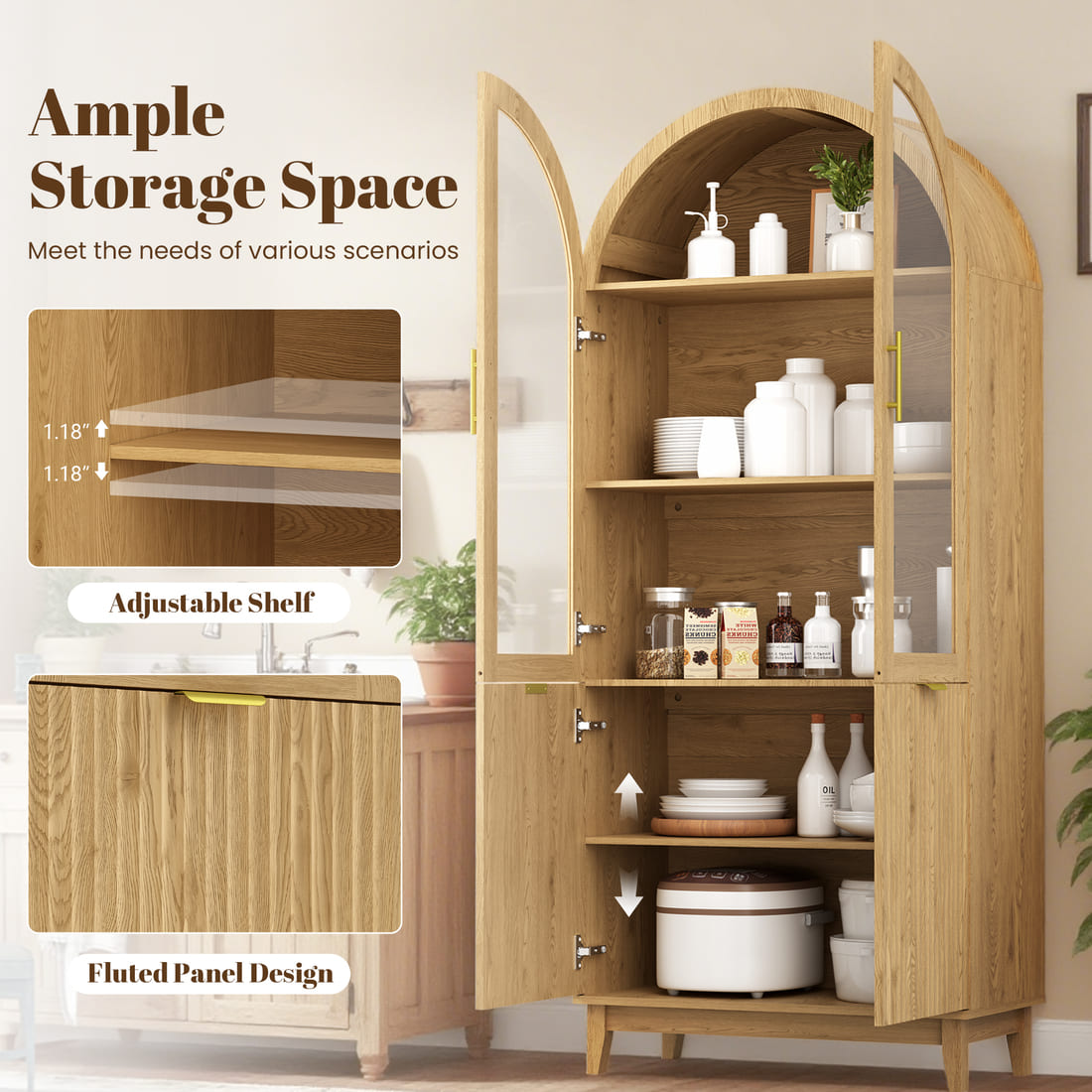 Modern Farmhouse Arched Cabinet with Glass Doors &amp; Adjustable Shelves