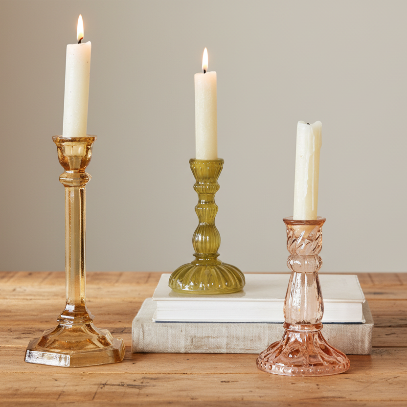 Colorful Pressed Recycled Glass Taper Candle Holders | 3 Sizes