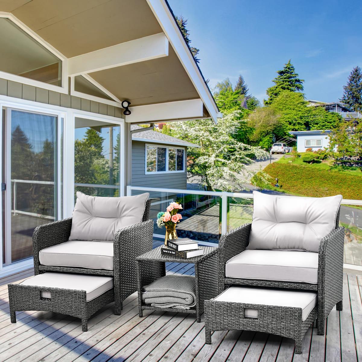 5-Piece Patio Lounge Set, Rattan with Cushions in Beige or Grey