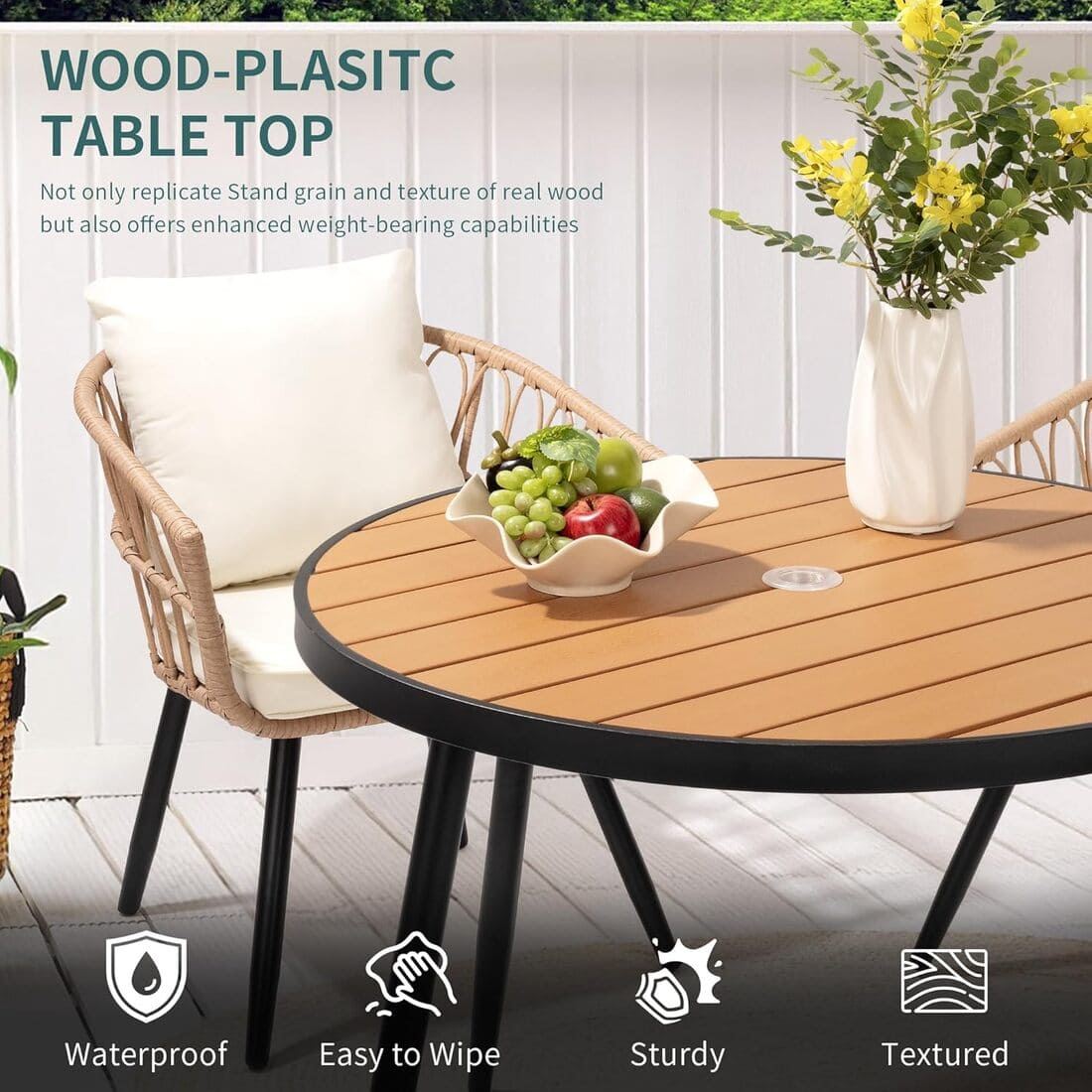Patio Dining Set with Round Wood Table Top &amp; Wicker Rattan Chairs