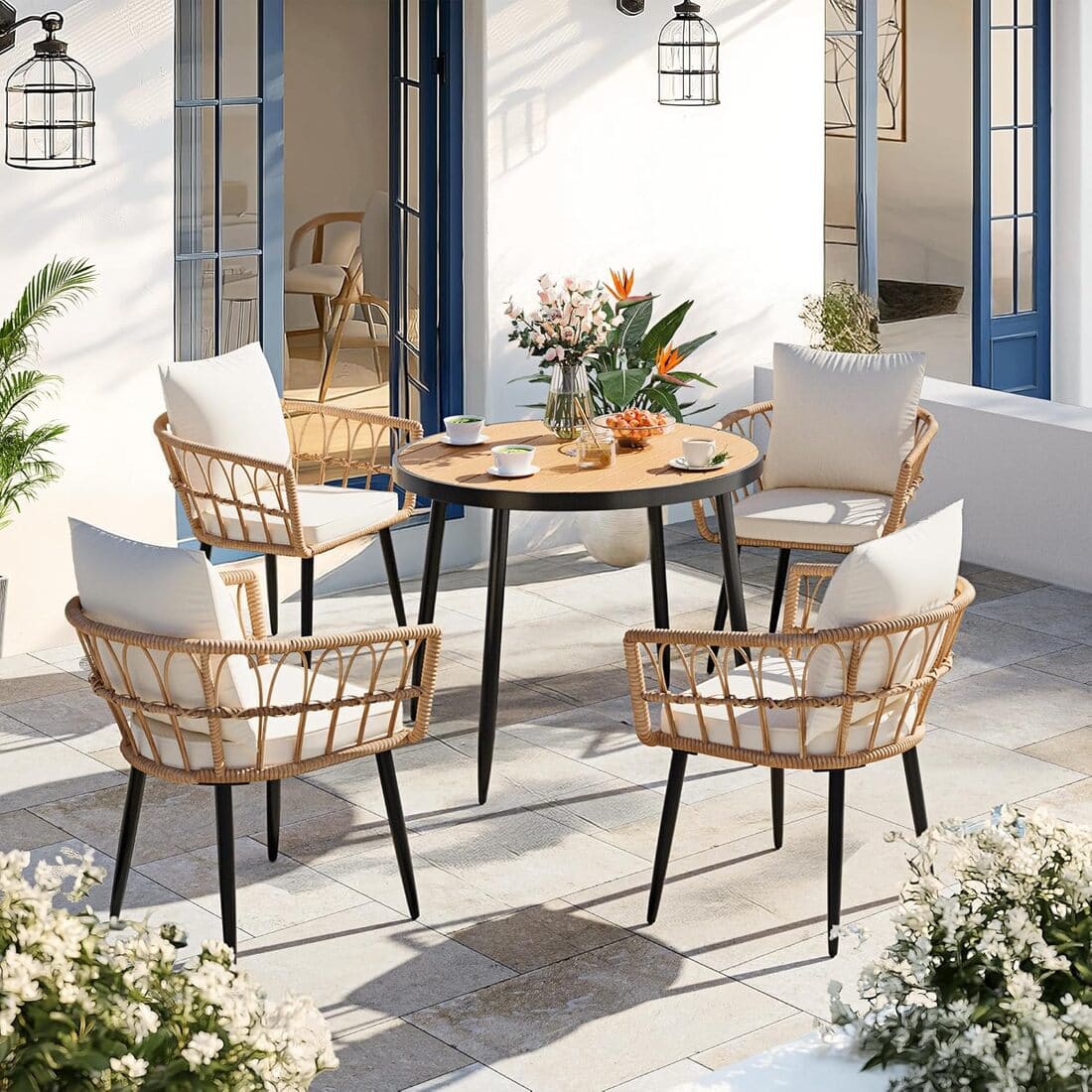 Patio Dining Set with Round Wood Table Top &amp; Wicker Rattan Chairs