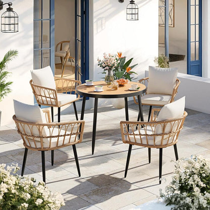 Patio Dining Set with Round Wood Table Top &amp; Wicker Rattan Chairs