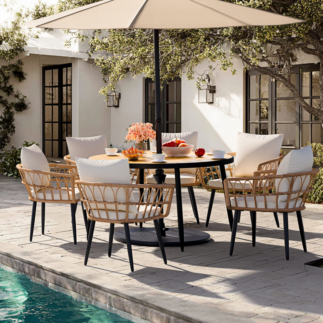 Patio Dining Set with Round Wood Table Top &amp; Wicker Rattan Chairs