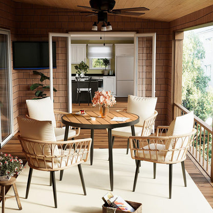 Patio Dining Set with Round Wood Table Top &amp; Wicker Rattan Chairs
