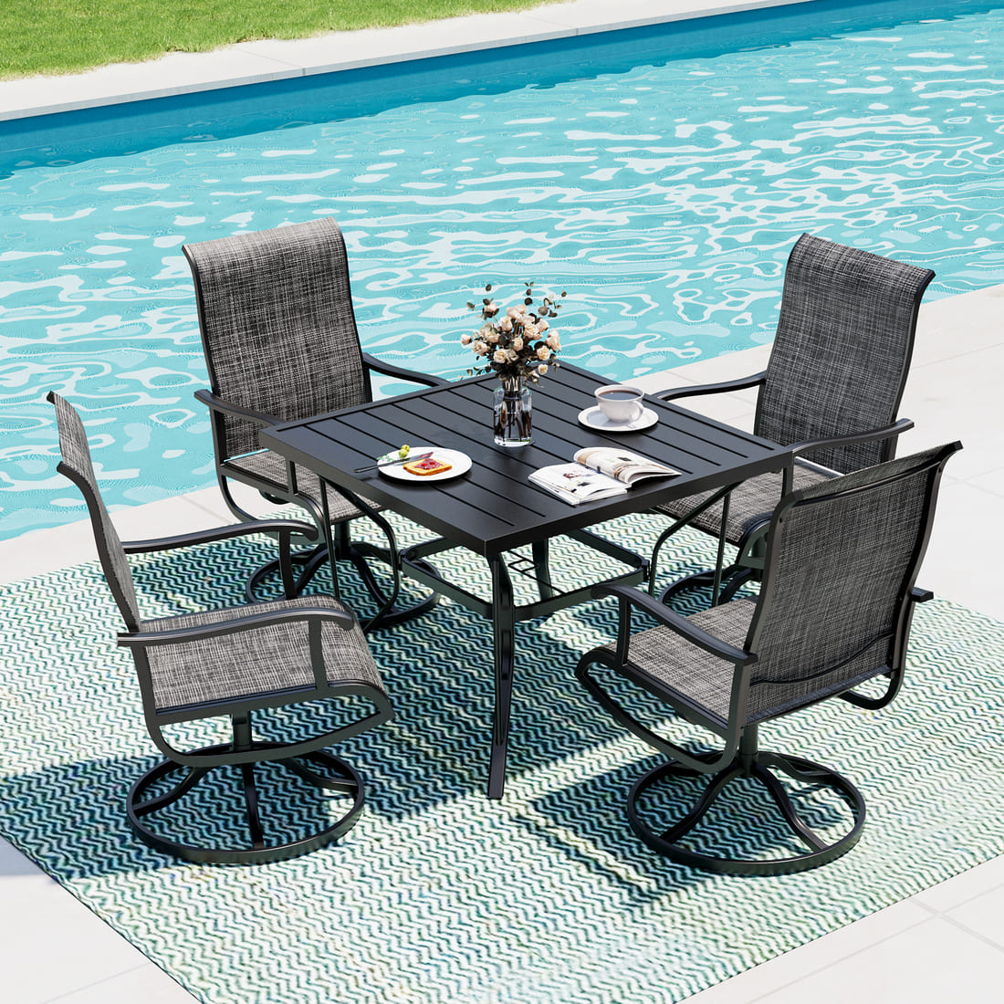 5-Piece Patio Dining Set with 4 Textilene Swivel Chairs