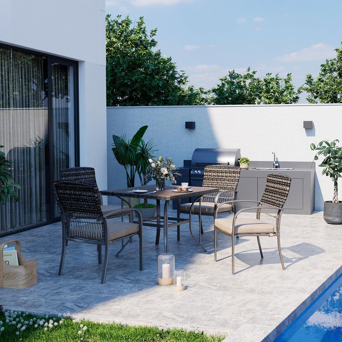 Outdoor Dining Set for 4 with Iron Frame &amp;  Rattan Backrest - 4 Colors