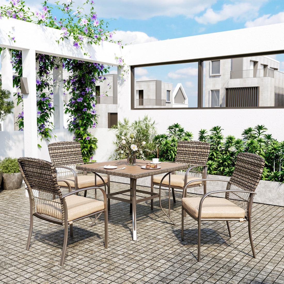 Outdoor Dining Set for 4 with Iron Frame &amp;  Rattan Backrest - 4 Colors