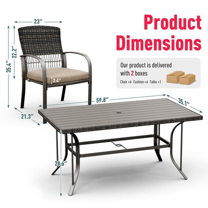7 pc Metal Outdoor Dining Set - Iron Tabletop + 6 Chairs with Removable Cushions