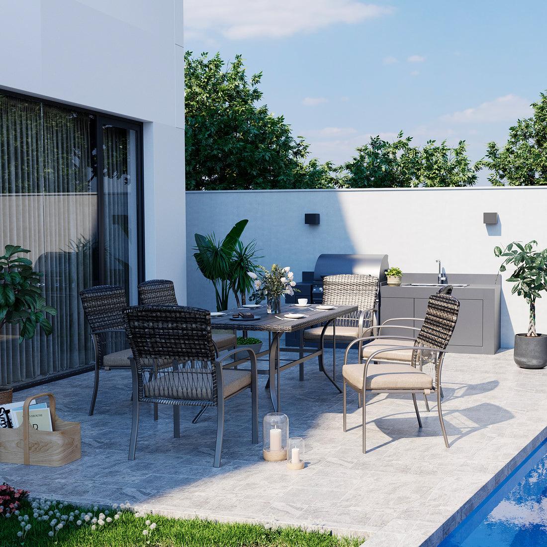 7 pc Metal Outdoor Dining Set - Iron Tabletop + 6 Chairs with Removable Cushions