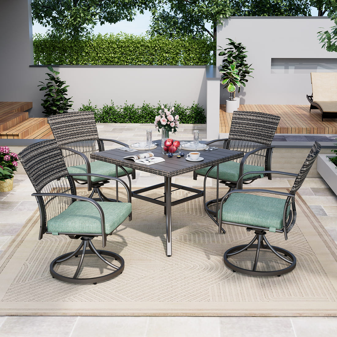Outdoor Dining Table with 4 Swivel Chairs (5 Pieces)