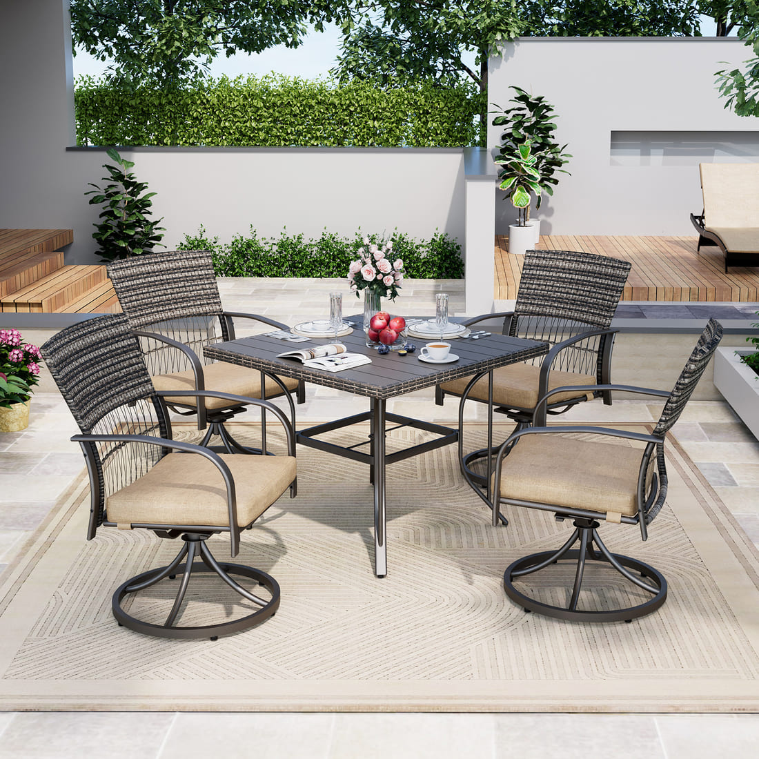 Outdoor Dining Table with 4 Swivel Chairs (5 Pieces)