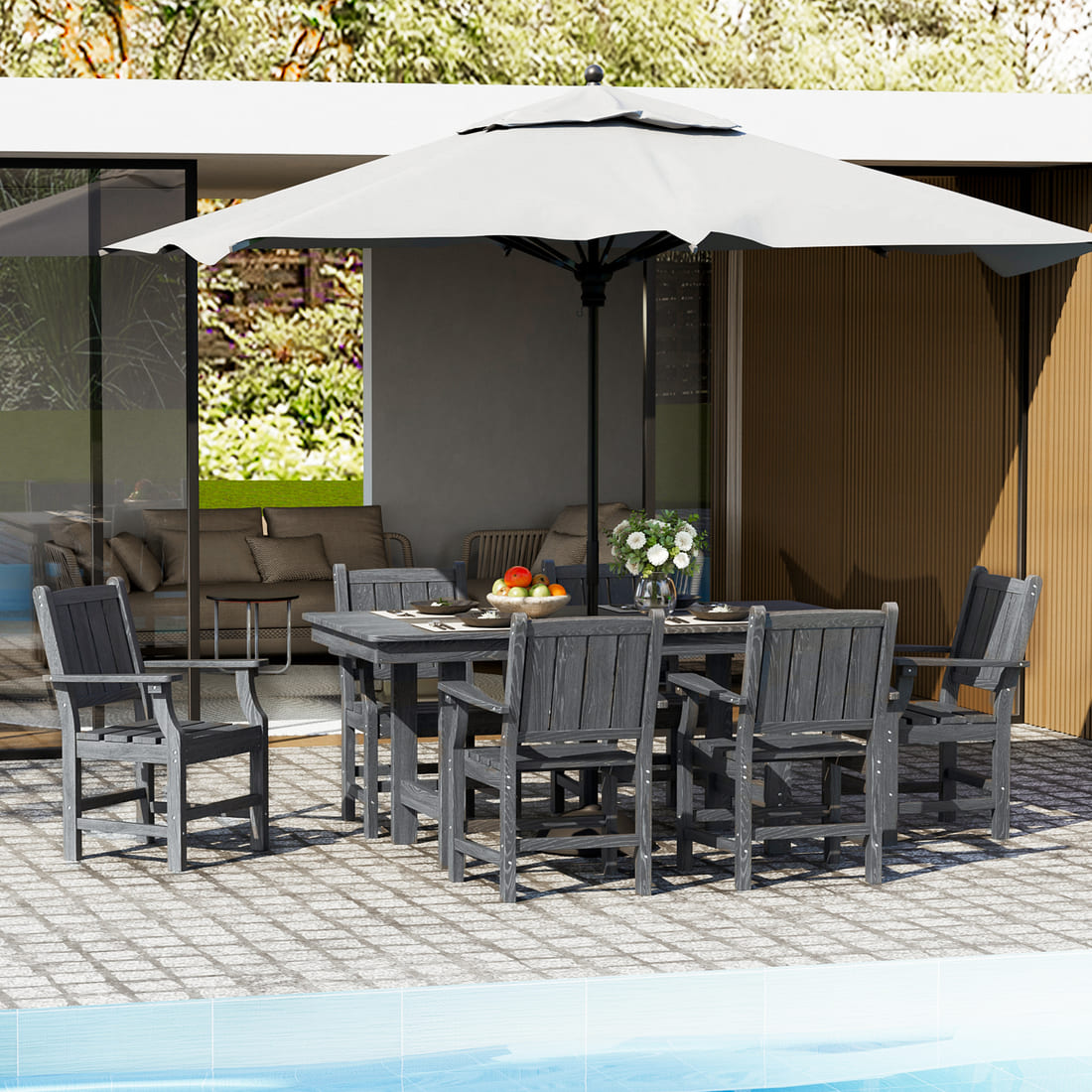 7-Piece HDPE Outdoor Dining Table and Chairs with Umbrella Hole - Multiple Sizes, 2 Colors