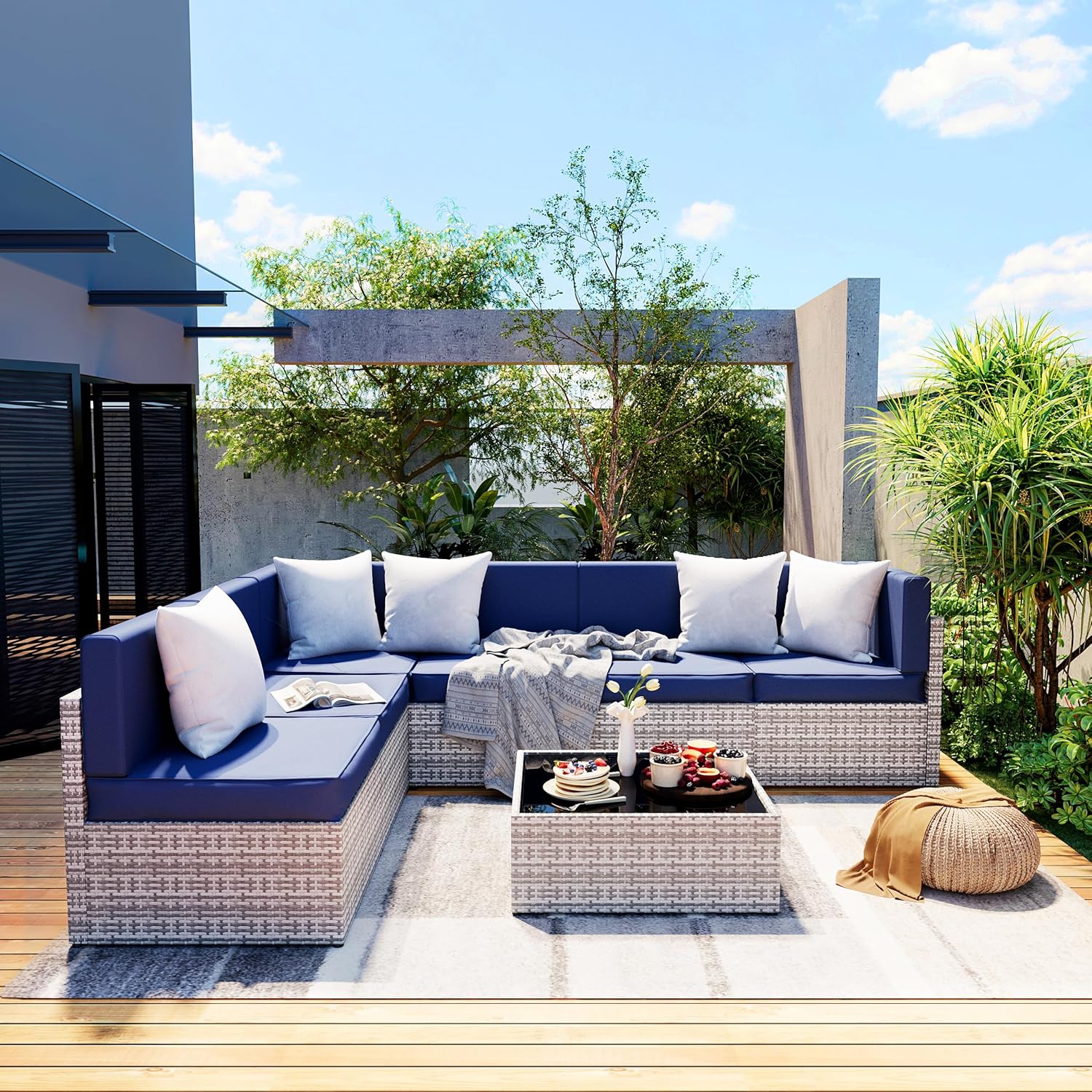 Rattan Outdoor Sectional Couch Set  (7 Pieces) - 5 Colors