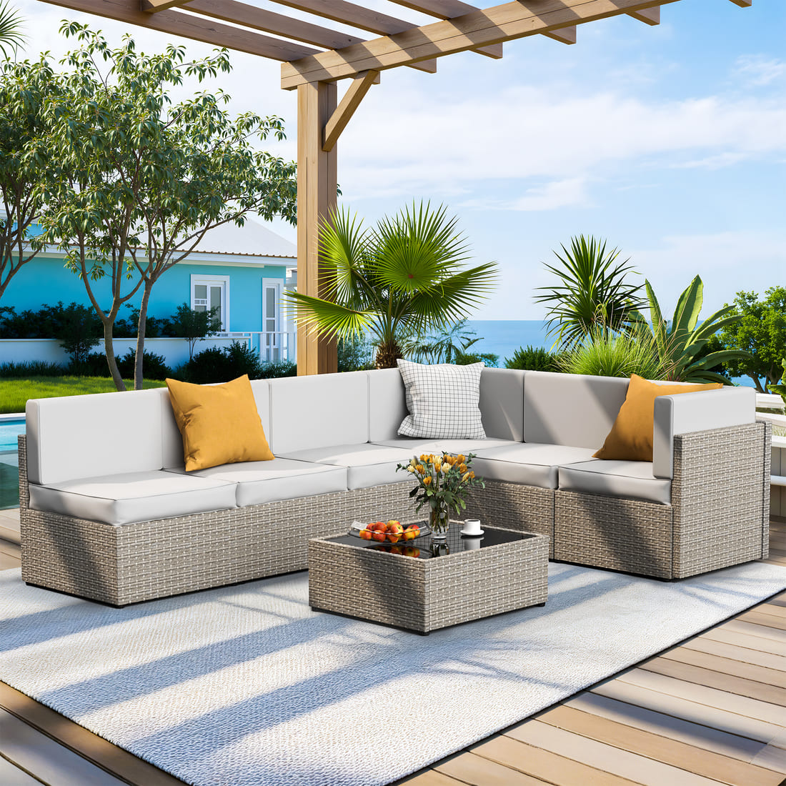 Rattan Outdoor Sectional Couch Set  (7 Pieces) - 5 Colors