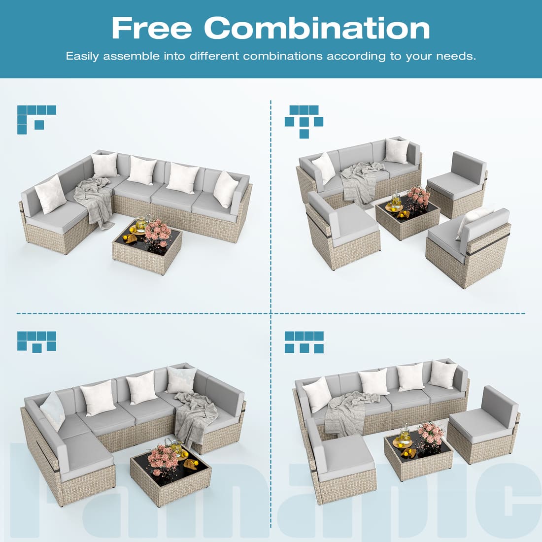 Rattan Outdoor Sectional Couch Set  (7 Pieces) - 5 Colors