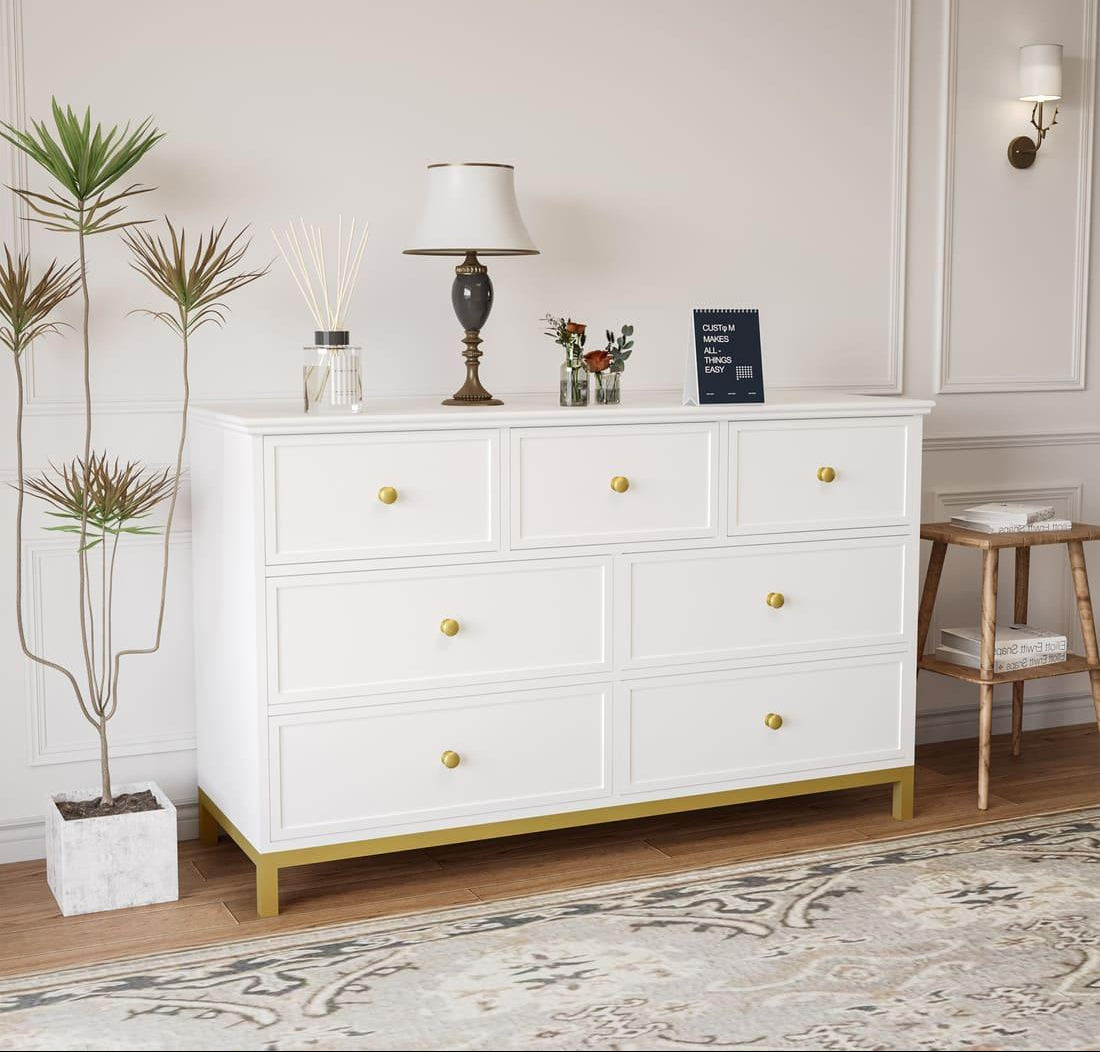 7-Drawer Dresser, White with Gold Accents