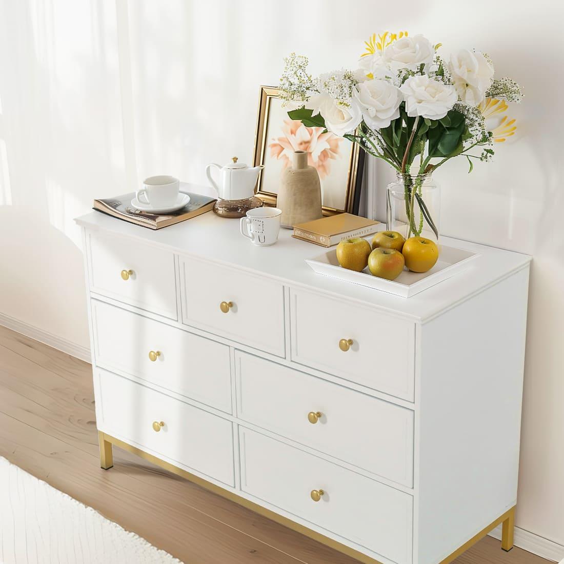 7-Drawer Dresser, White with Gold Accents