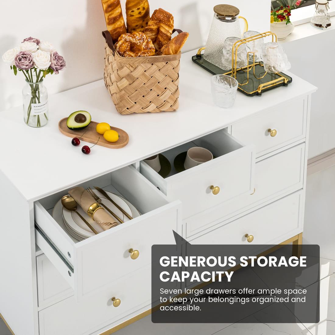 7-Drawer Dresser, White with Gold Accents