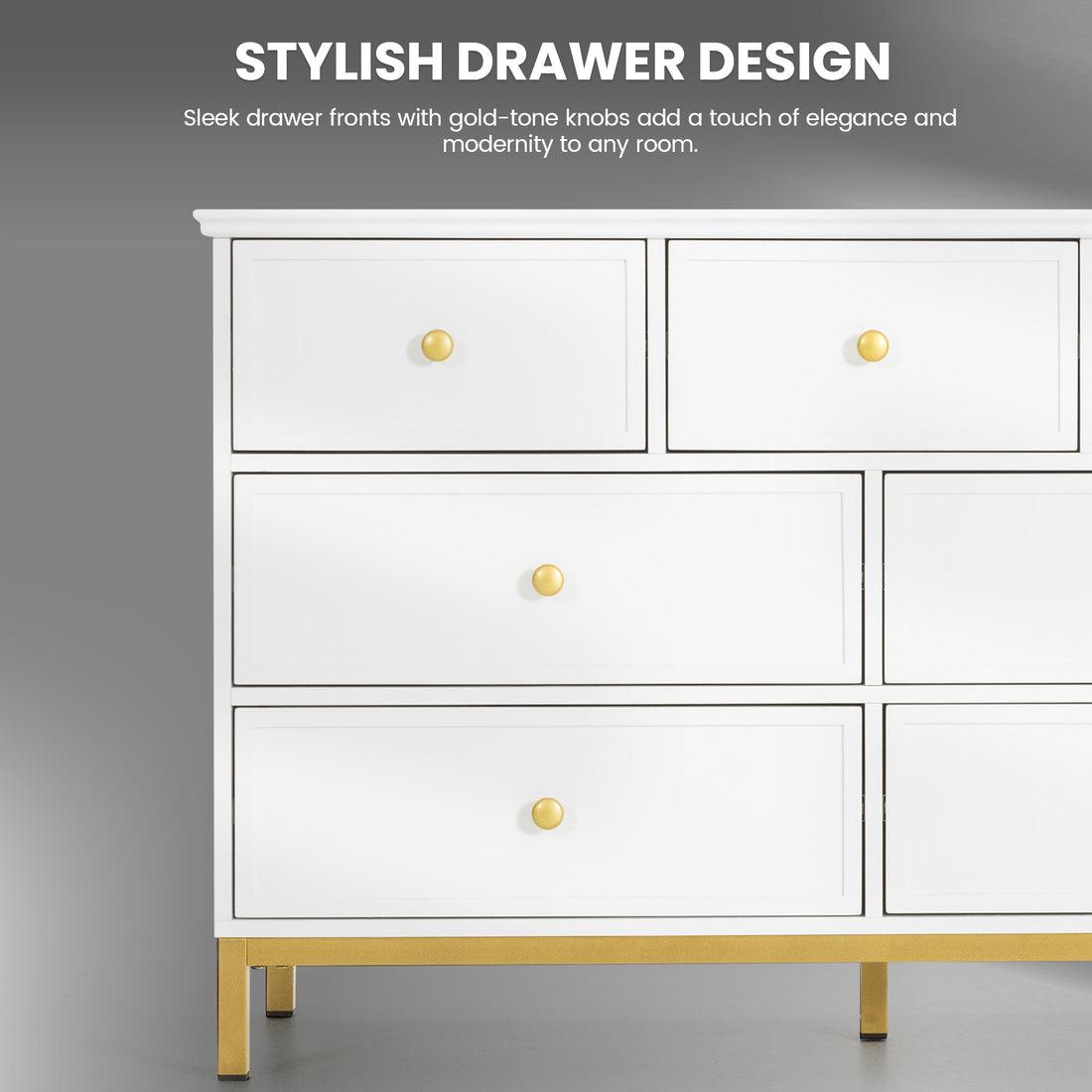 7-Drawer Dresser, White with Gold Accents