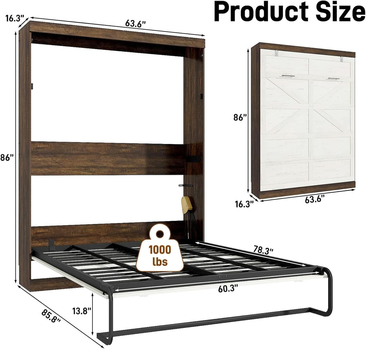 Queen Size Murphy Bed in Rustic White Two-Tone Finish