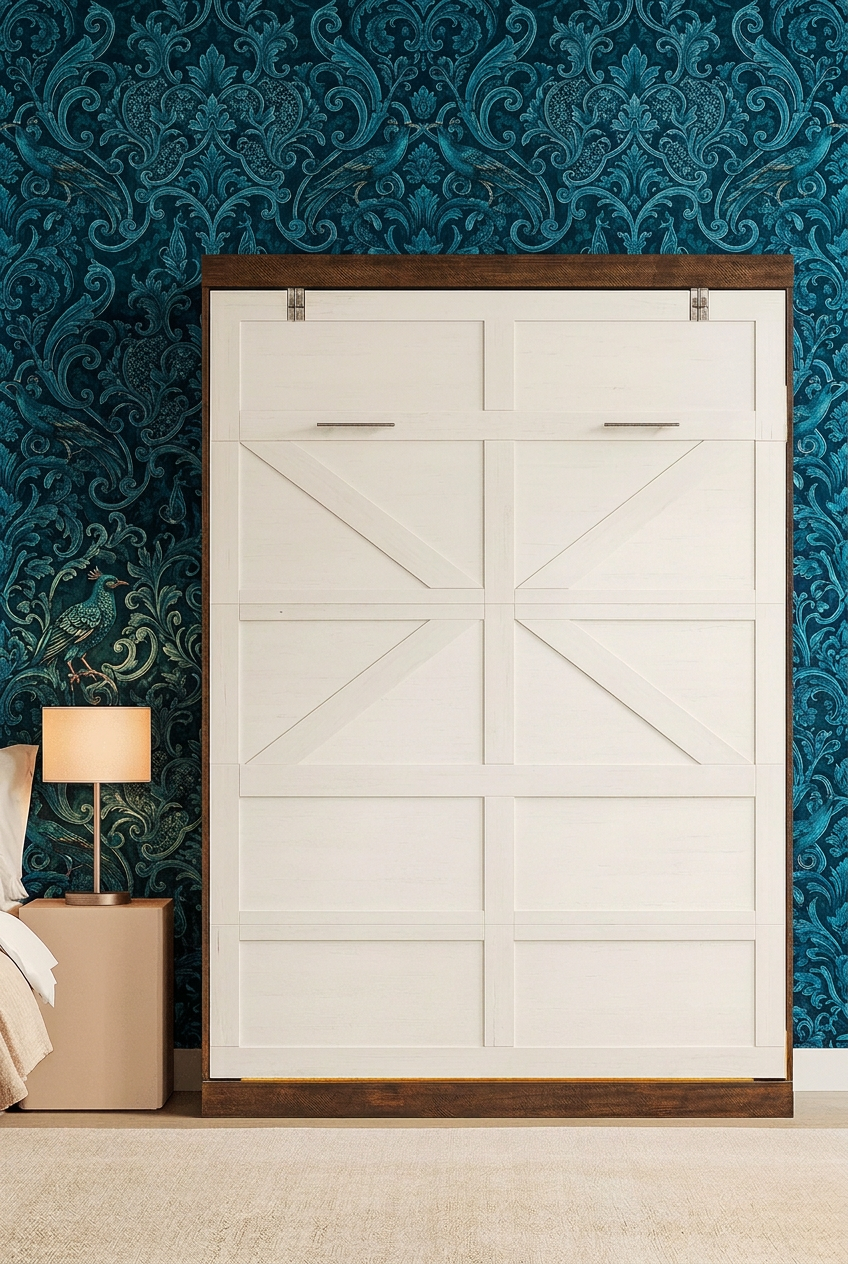 Queen Size Murphy Bed in Rustic White Two-Tone Finish