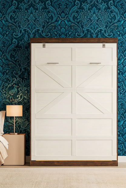 Queen Size Murphy Bed in Rustic White Two-Tone Finish