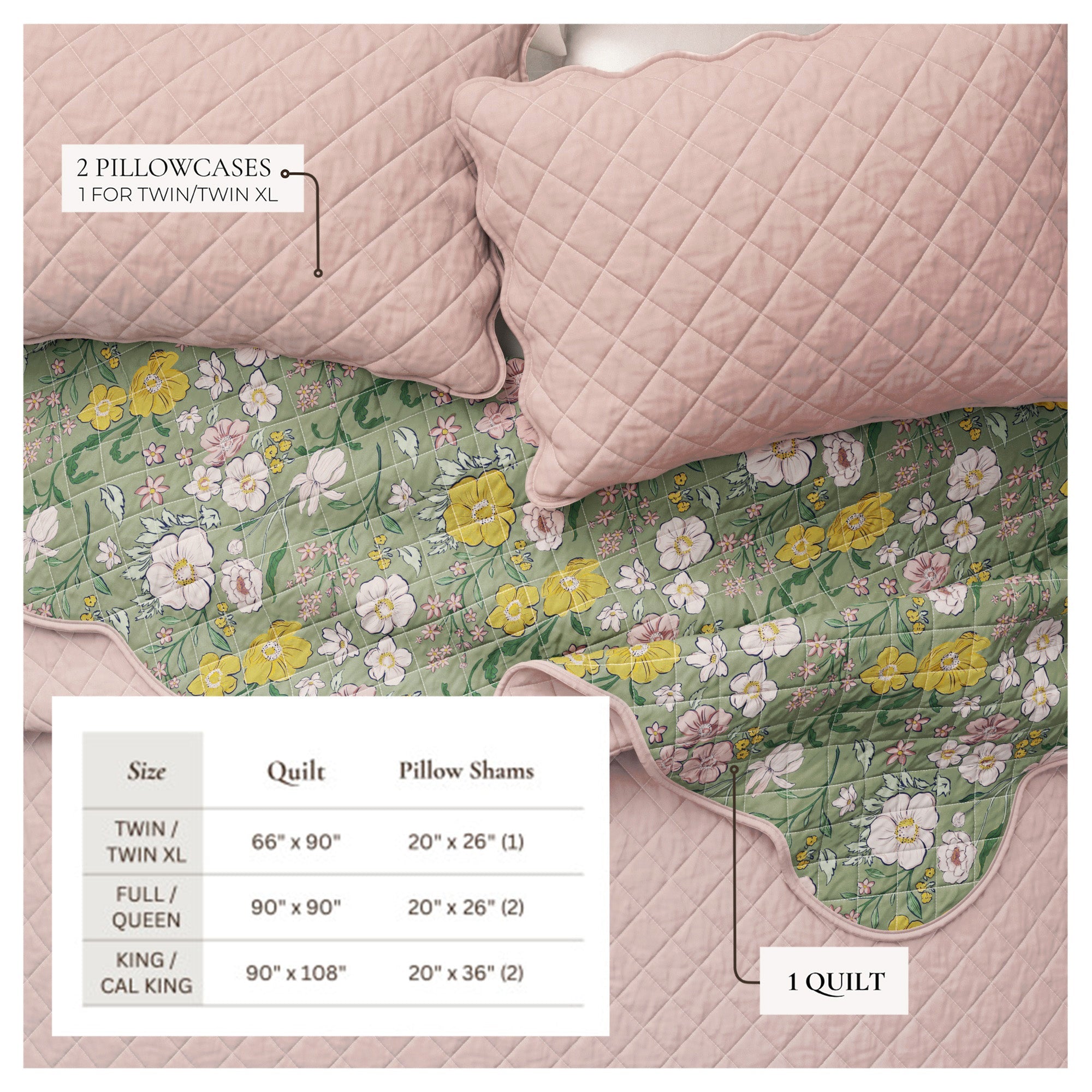 Floral Print &amp; Scalloped Cotton Quilt Set - Gwen Collection