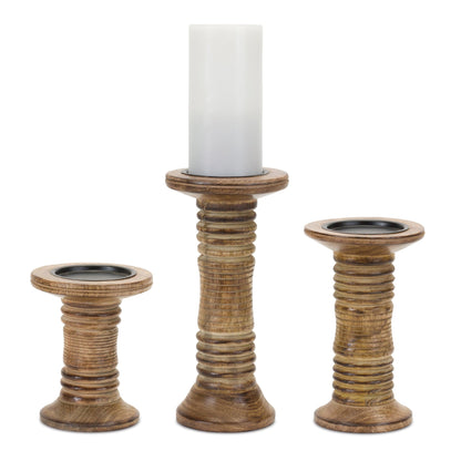 Ribbed Wooden Pillar Candle Holder | 3 Sizes