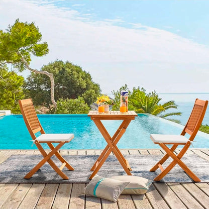 3 Piece Outdoor Folding Bistro Set With Cushions -  Acacia Wood