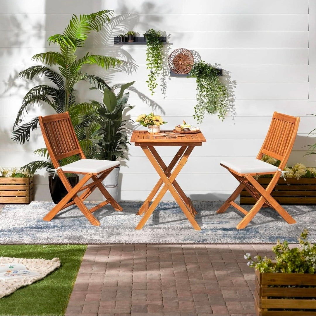 3 Piece Outdoor Folding Bistro Set With Cushions -  Acacia Wood