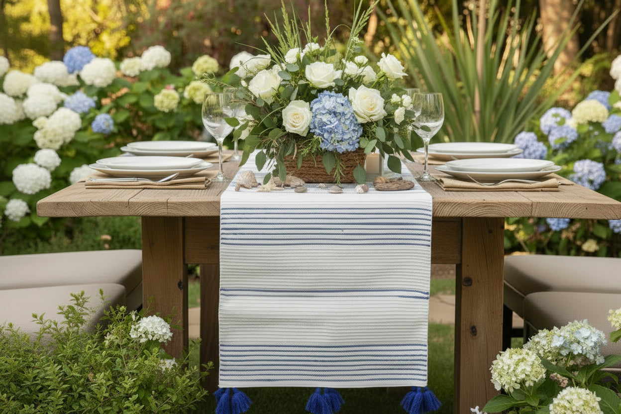 Blue Stripe Cotton Table Runner with Tassels -  16"x 90"