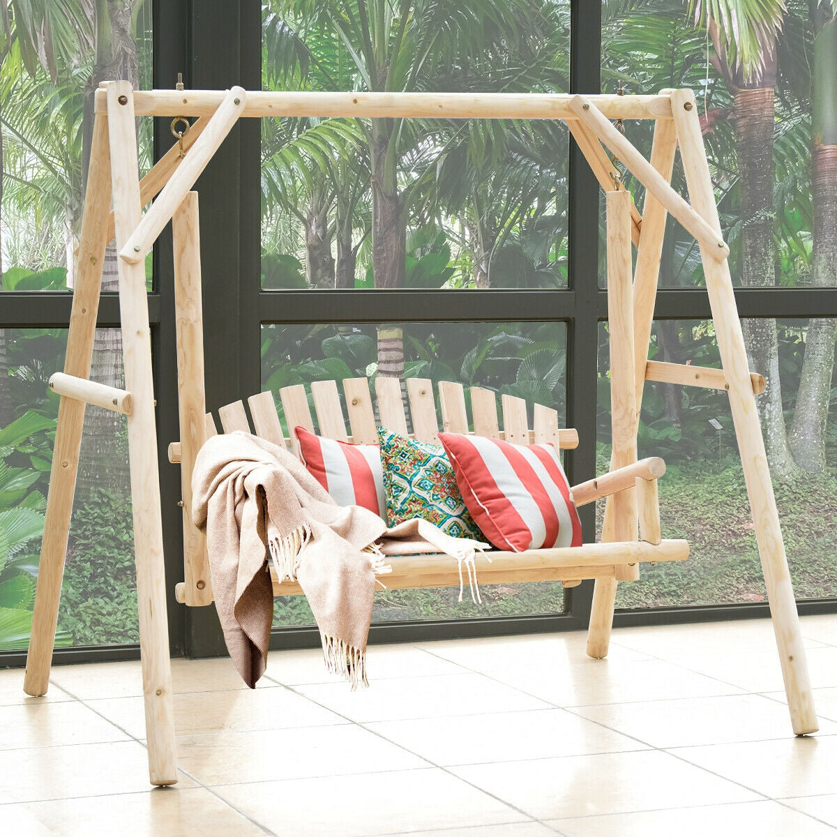 Outdoor Wooden Porch Bench Swing Chair with Frame