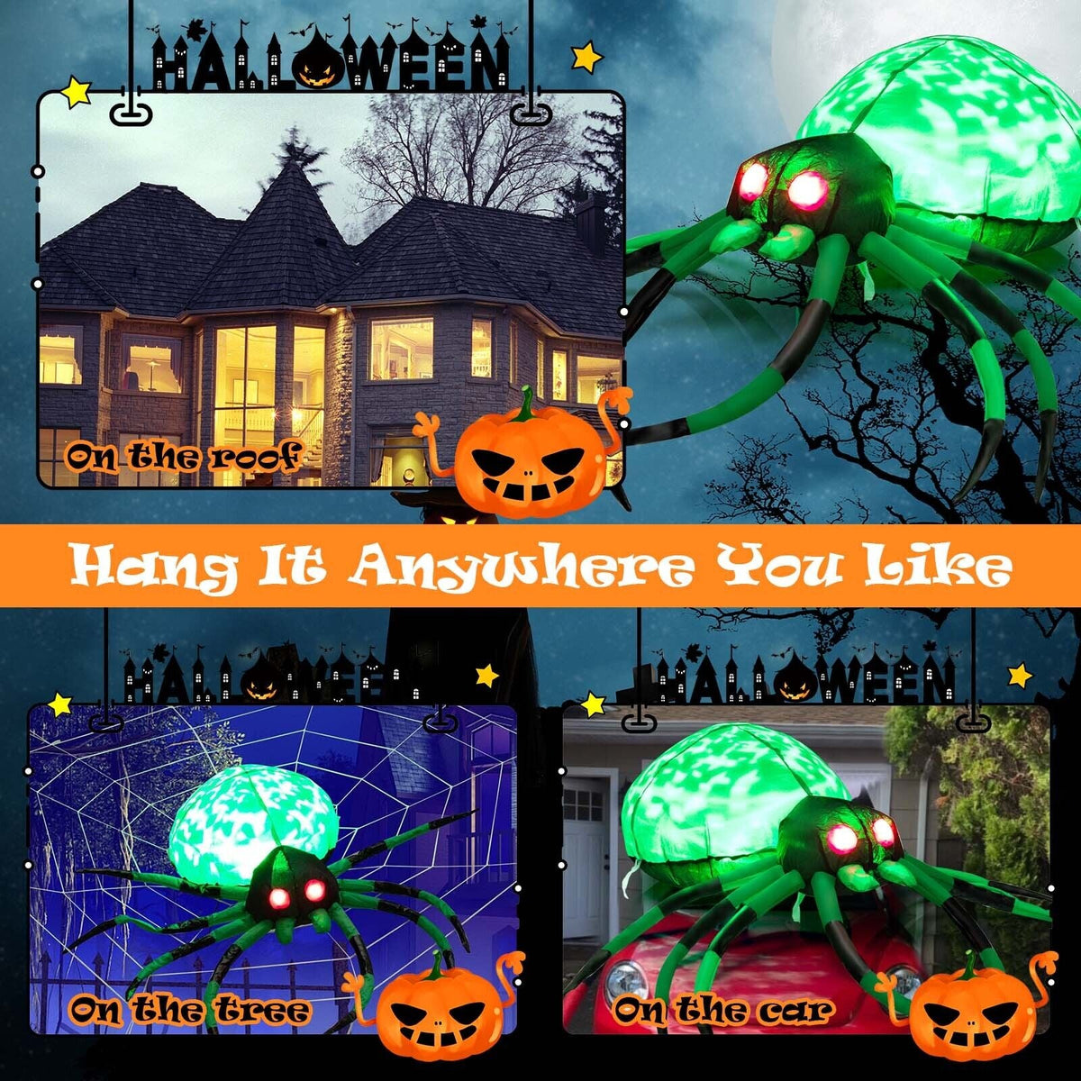 5 Ft Long Inflatable Creepy Spider with Cobweb and LEDs - Halloween Yard Decor