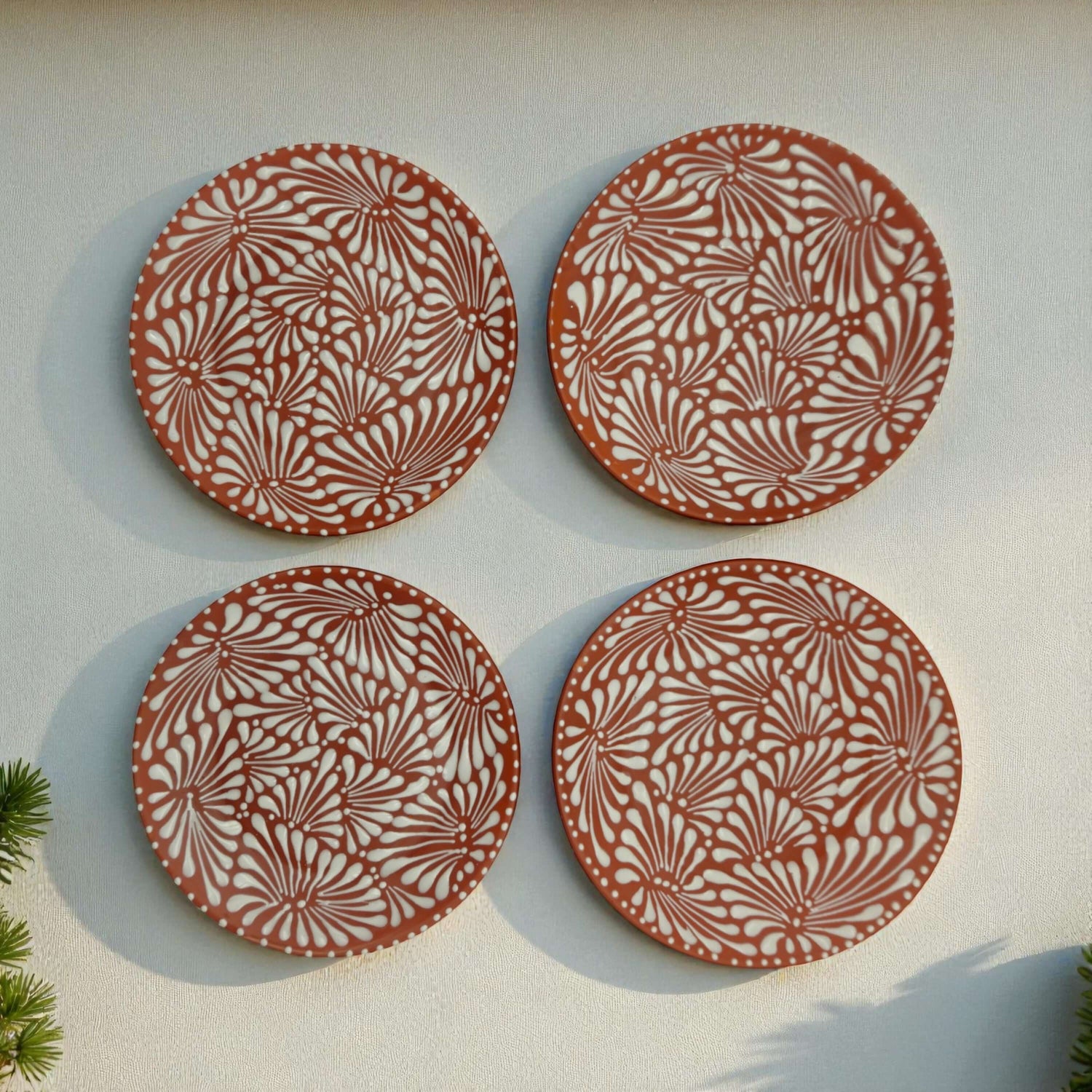 Set of 4 Brown &amp; White Talavera Wall Plates | 11.5" Decorative  Plates