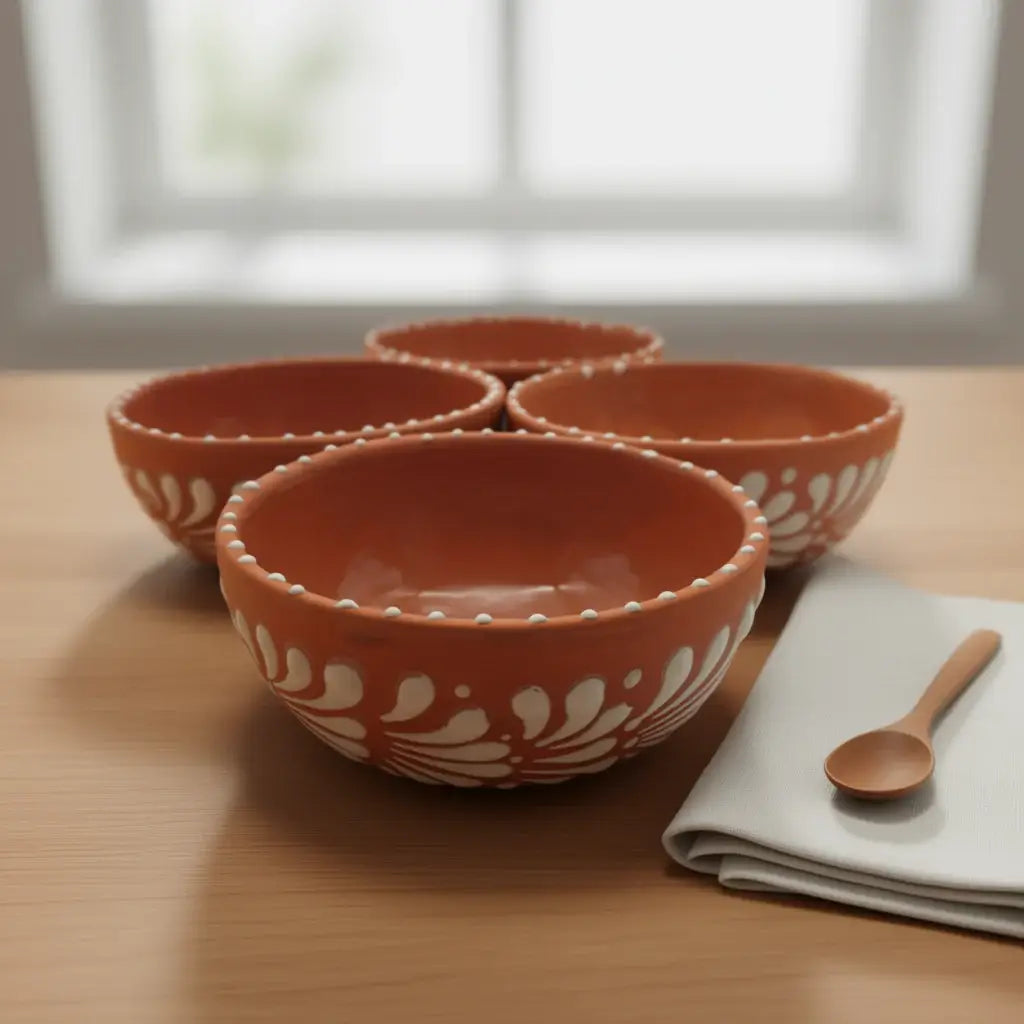 Set of 4 Handmade Brown &amp; White Talavera Bowls | Artisan Dinnerware