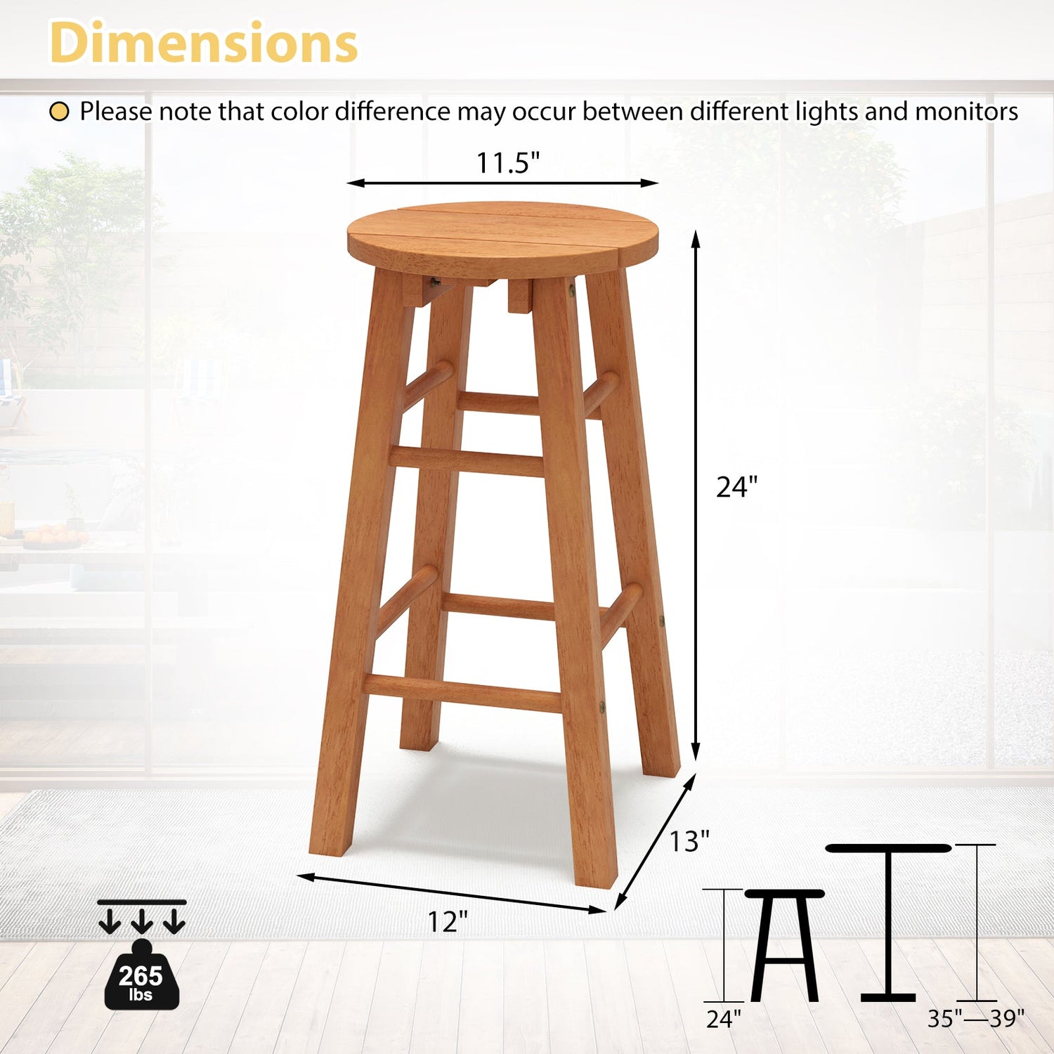 Indoor/Outdoor Wooden Bar Stools w/ Round Seat and Footrest - Set of 2
