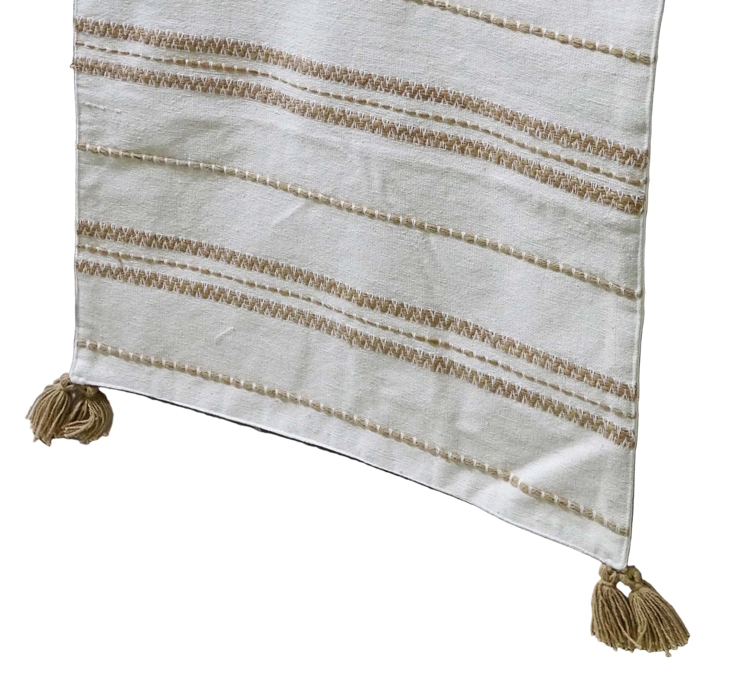 Tan Stripe Embroidered Cotton Table Runner With Tassels - 16" x 90"