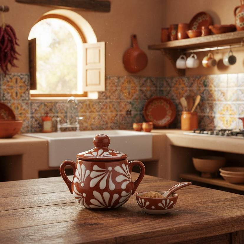 Talavera Sugar Jar | Brown &amp; White Floral