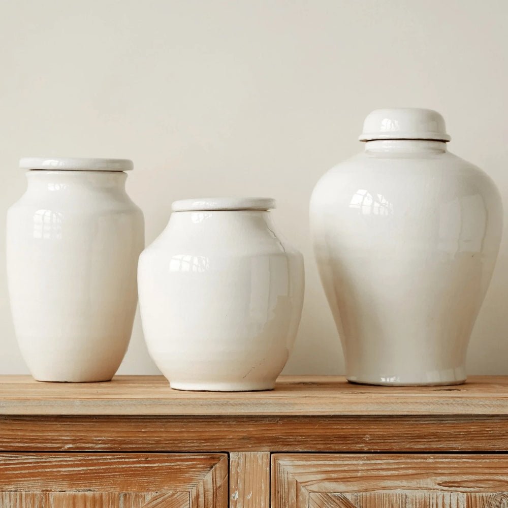 Terracotta Cachepot Jar in White Glaze - Short