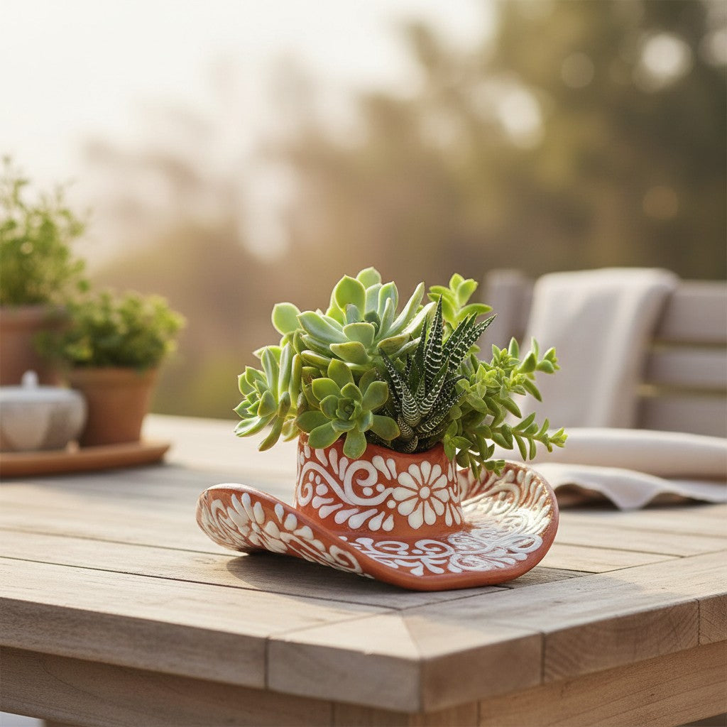 Talavera Sombrero Planter | Brown &amp; White Floral Design
