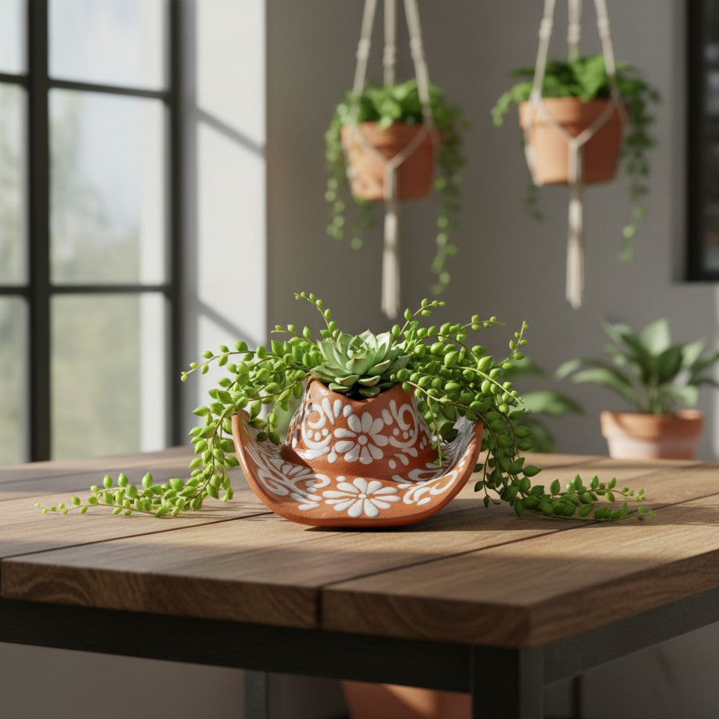 Talavera Sombrero Planter | Brown &amp; White Floral Design