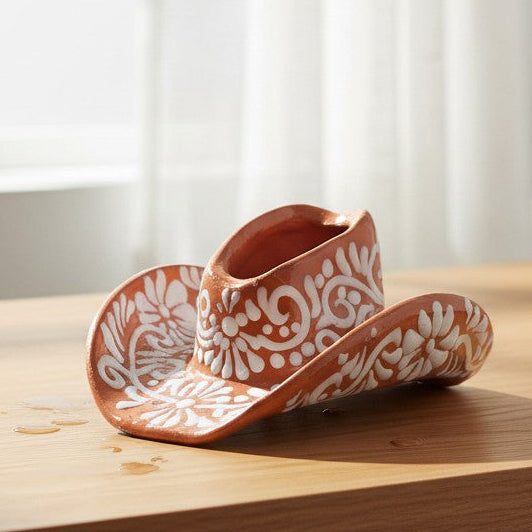Talavera Sombrero Planter | Brown &amp; White Floral Design