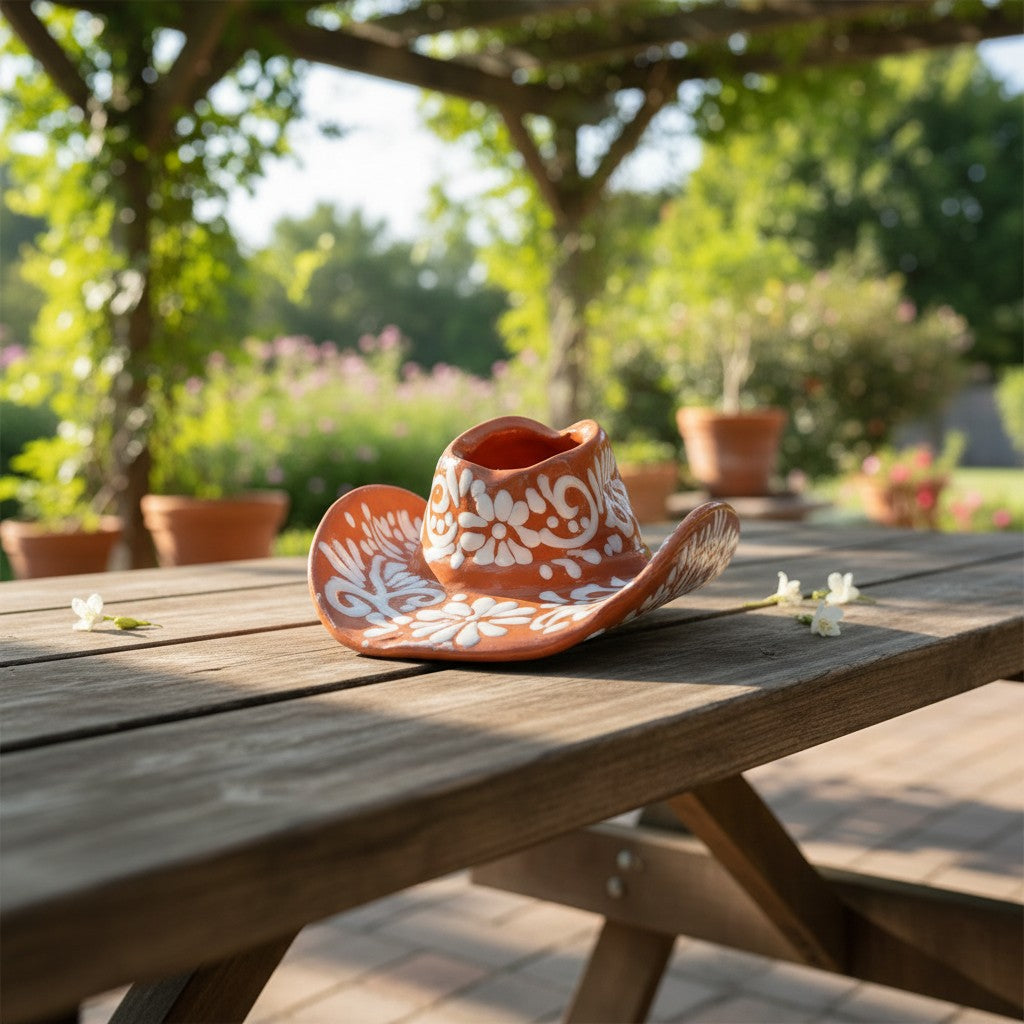 Talavera Sombrero Planter | Brown &amp; White Floral Design