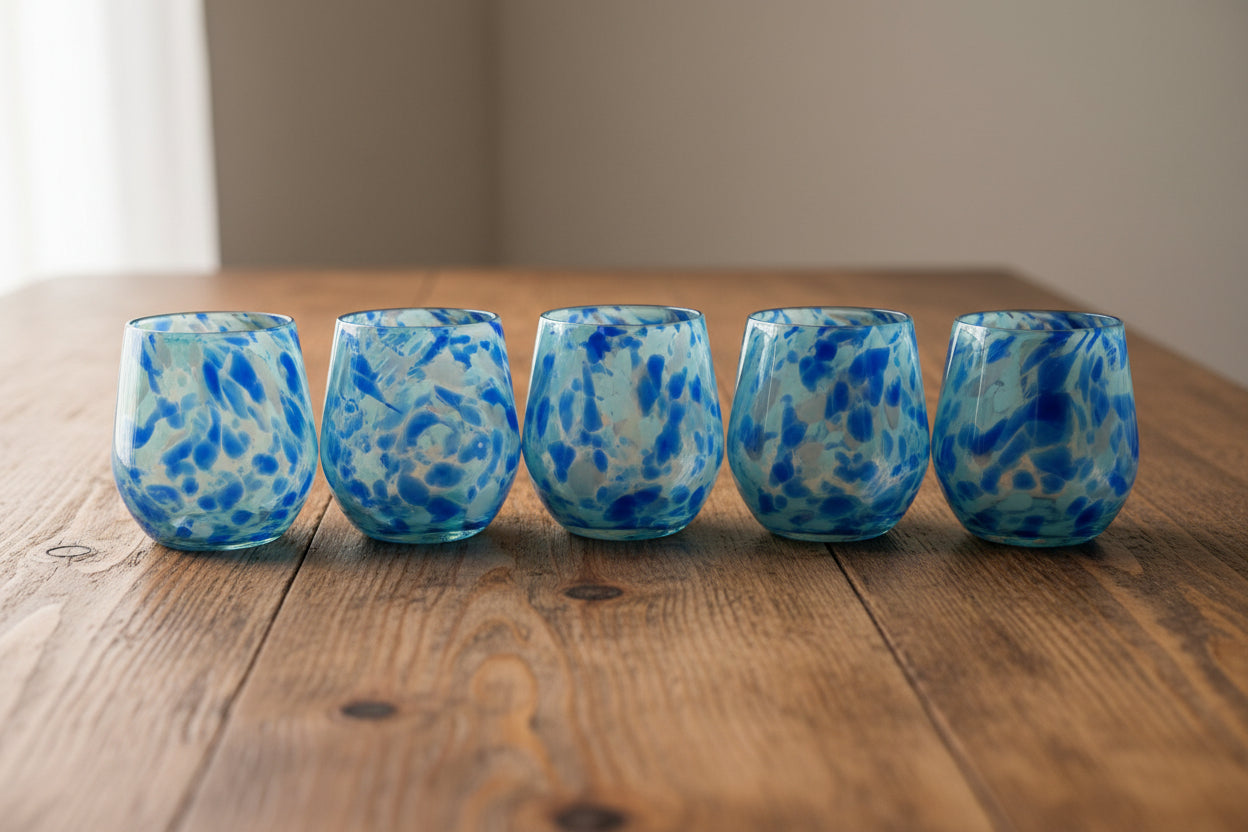Hand-Blown Mexican Stemless Wine Glass | Blue and White Snow Pattern