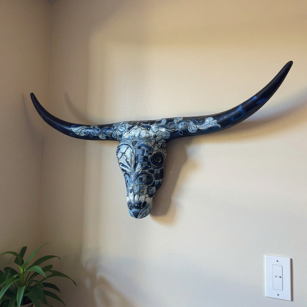 Talavera Longhorn Skull | Blue &amp; White Mexican Wall Art