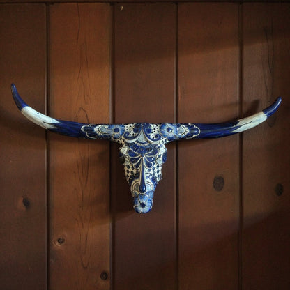 Talavera Longhorn Skull | Blue &amp; White Mexican Wall Art