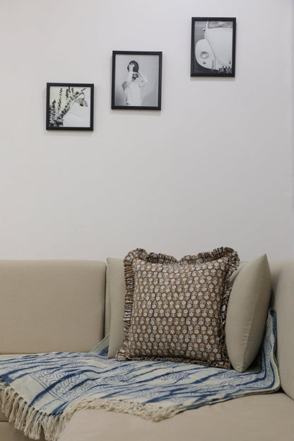 Block Printed Frill Pillow Cover - Tulsi Buti
