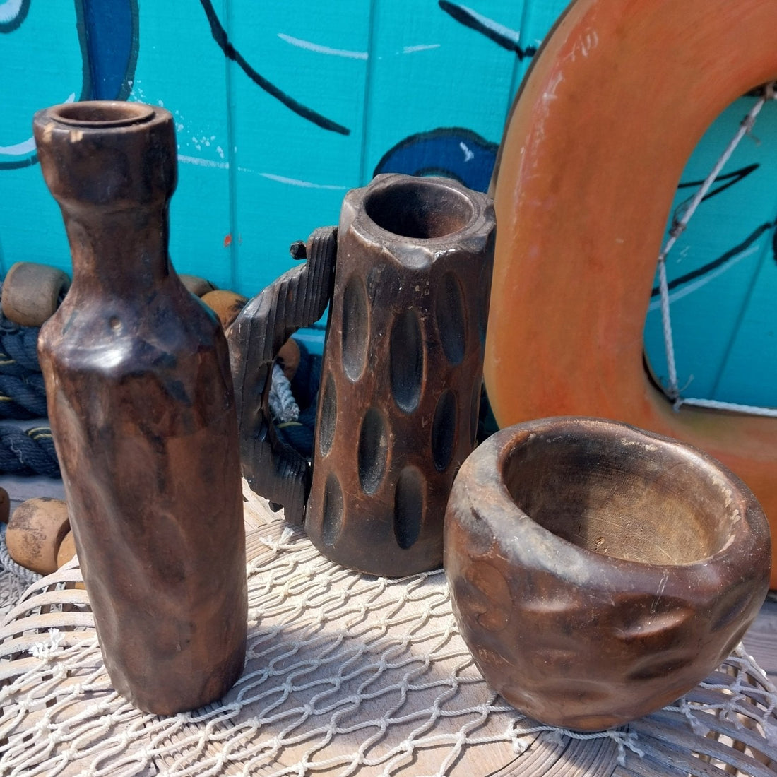 1960s Spanish Modernist Pottery Trio – Textured Candle Holder, Sculptural Stein, and Organic Bowl