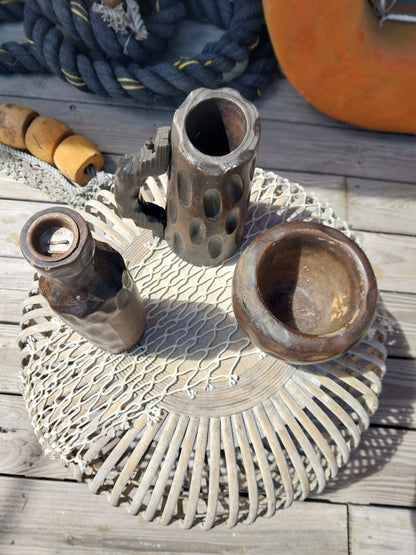 1960s Spanish Modernist Pottery Trio – Textured Candle Holder, Sculptural Stein, and Organic Bowl